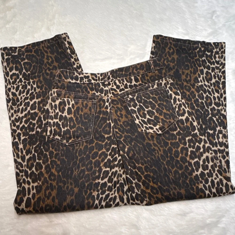 Edikted Leopard Print Wide Leg Denim Jeans Brown Tan Animal Pattern Small
